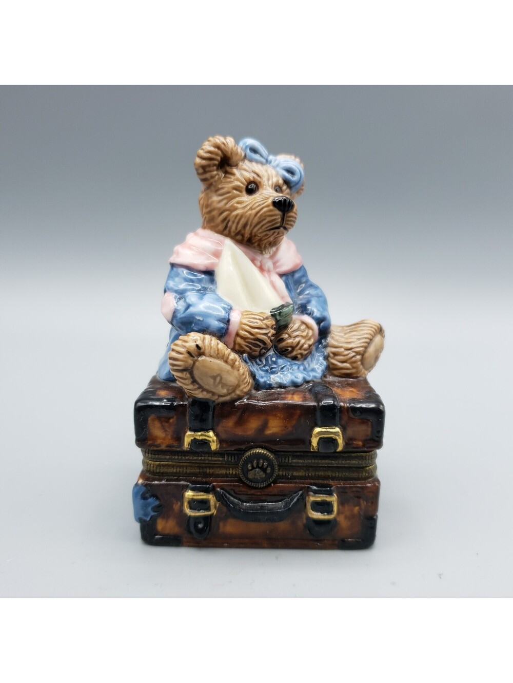 Boyd's Bearware Porcelain Trinket Box Bear Sitting on Suitcase Holding Sailboat